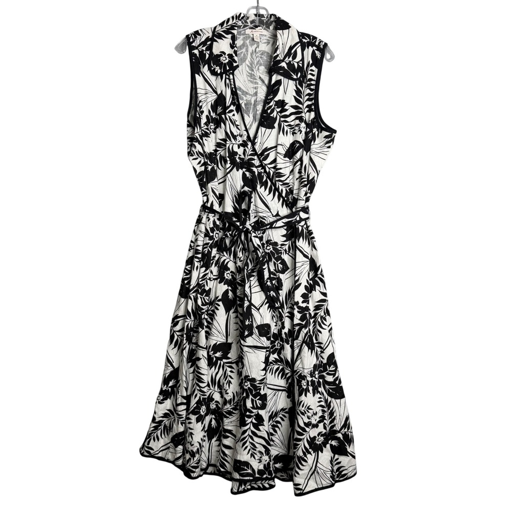 JM Collection‎ 100% Linen Wrap Dress Womens 18 Black White Floral Sleeveless
